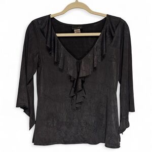 Whimsigoth Witchy Top Womens Small Black Fairy Grunge Ruffle Asymmetric Sleeve